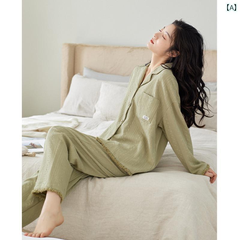パジャマ　レディース　上下 Xuanzhiting パジャマ レディース 秋 綿 長袖 無地 タッセル 縁取り カーディガン 室内 着 外出 春秋 セット