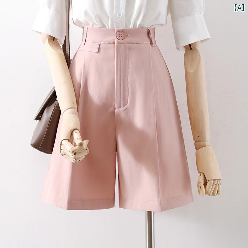 レディース パンツ 五分丈 薄手 夏 ハーフパンツ 着痩せ ワイドレッグ ストレート風 ハイウエスト フェミン 白 黒 ピンク シック エレガント モダン 軽量 スタイリッシュ カジュアル