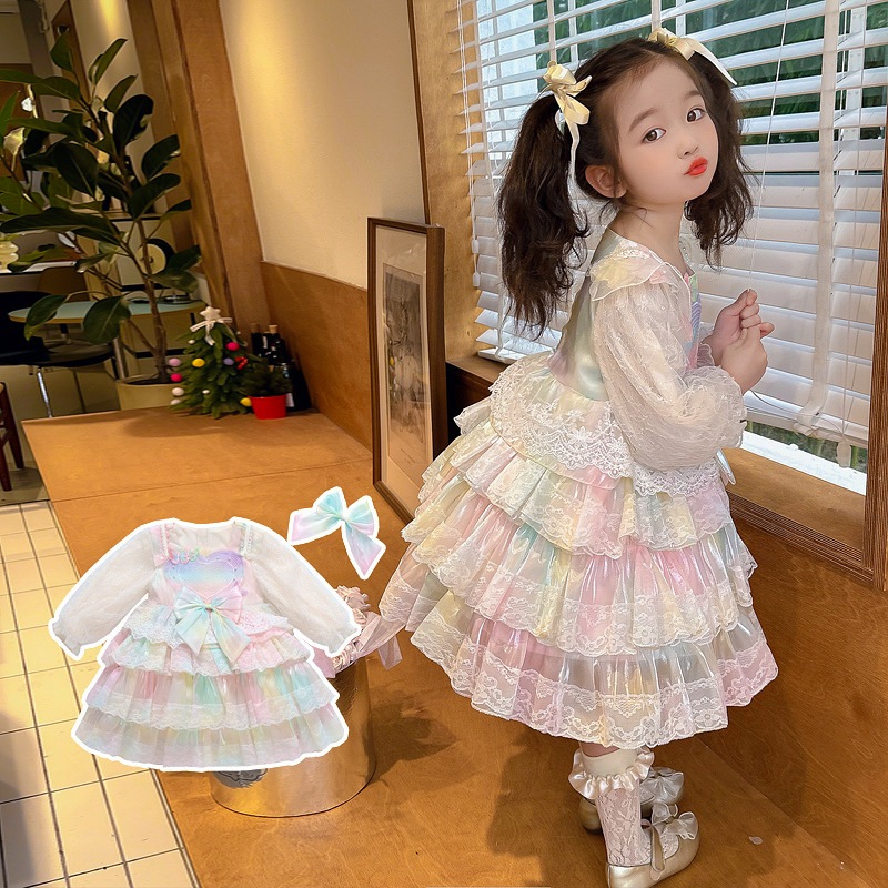 女の子ドレス 2024 春の新しいスタイル子供ロリータプリンセスドレス女の子レースメッシュケーキドレス