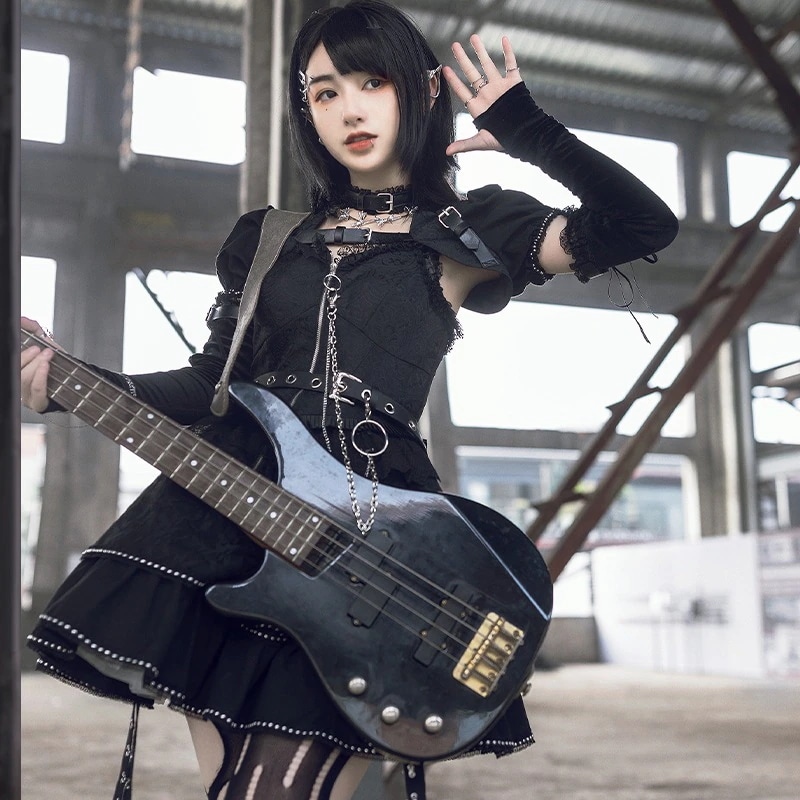 ロリータ ゴシック ゴスロリ ワンピース Aライン Lolita つけ袖 パフスリーブ レース フリル 半袖 黒 可愛い アイドル衣装 バンド ショート丈 レディース コスム 仮装 ハロウィン
