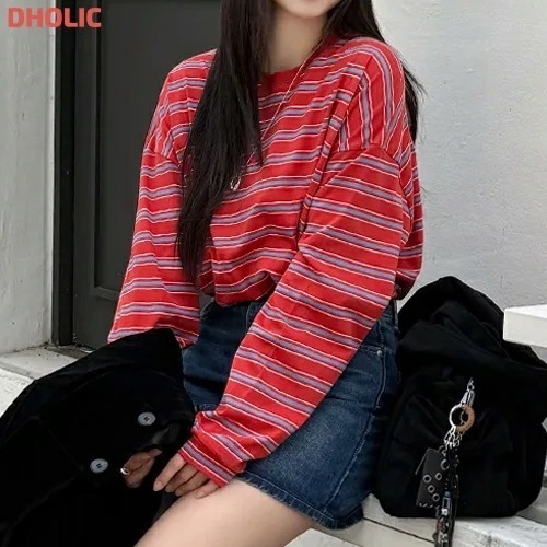 配色コットンラウンドネックオーバーサイズ長袖ボーダーTシャツ・1934705