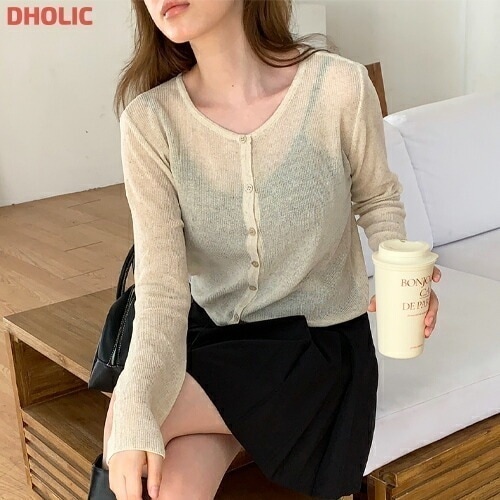 シースルーボタンラウンドネックカラーカーディガン