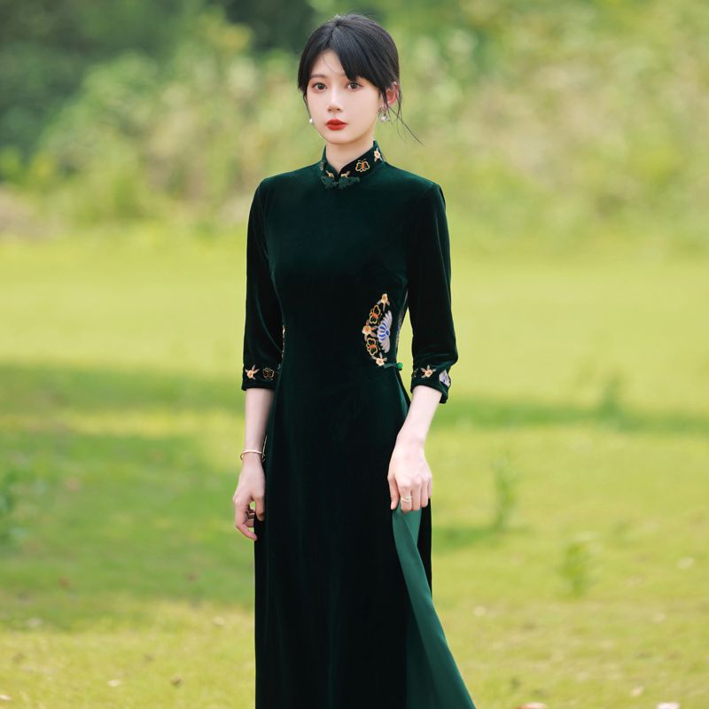 チャイナベルベットダークグリーン改良ワンピース春七分袖2025年女性スタイル 母の日 母の日-0008790