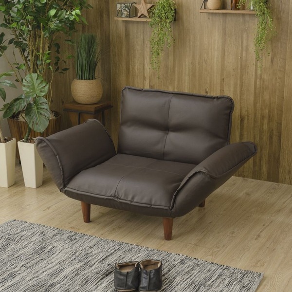 日本製 リクライニングソファー/ローソファー 1人掛け PVC生地 ブラウン 脚部：ブラウン 幅88cm 肘付き 脚付き