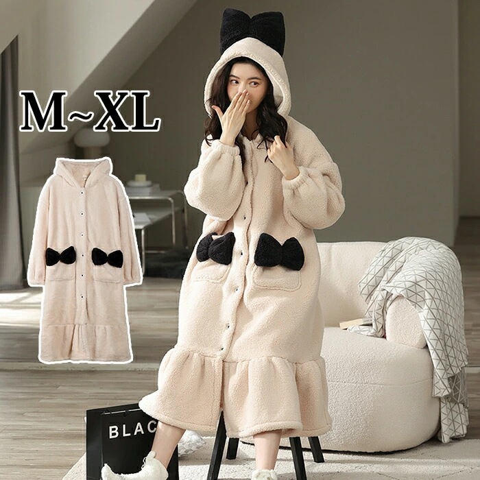 【レビュー特典】ルームウェア パジャマ 着ぐるみ ロンパース オーバーオール ワンピース 着る毛布 フード付き 可愛い 軽い 厚手 リボン結び ふわふわ もこもこ レディース 女の子 部屋着 長袖 寝