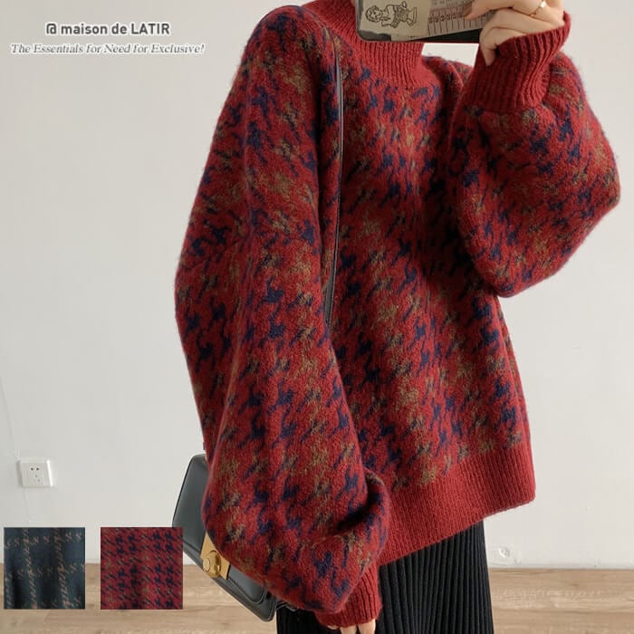 小さな千鳥柄が印象的で可愛い配色ニットプルオーバー　ニット セーター プルオーバー 長袖 Uネック ドロップショルダー 大きめ 千鳥柄 大人 カジュアル 5,112円