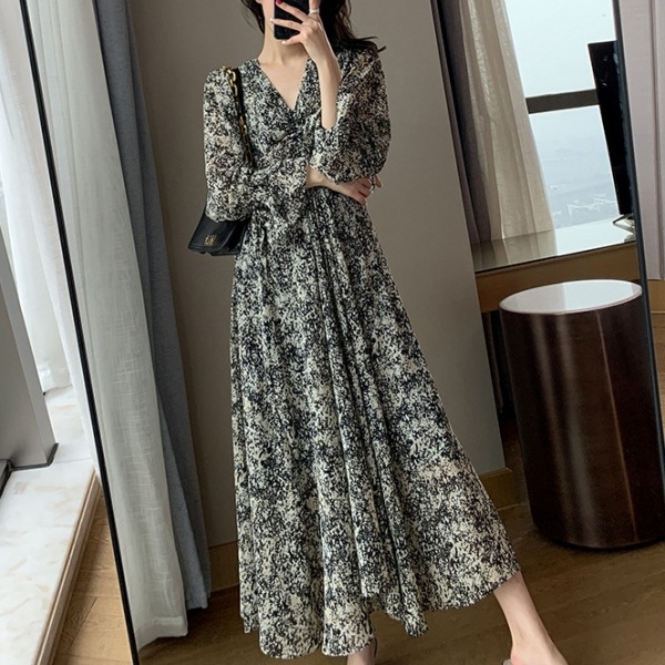 【女性大人気】 スウィート プリント ハイウエスト すね丈 Aライン 花柄ワンピース