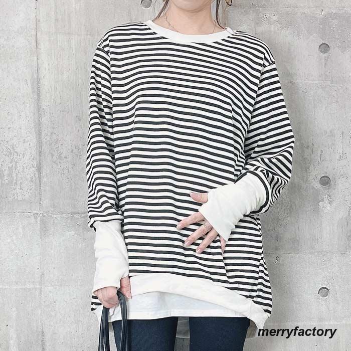 ボーダー ニットタッチ スウェット カットソー トップス レディース リブ長 長袖 指穴 春 [郵3]^t959^