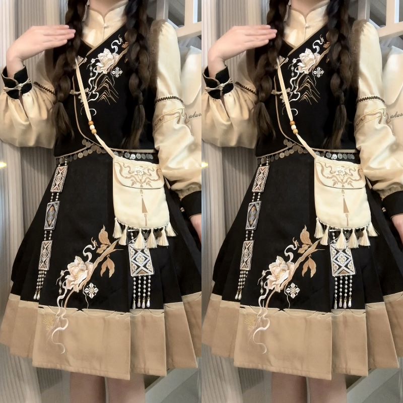 正規品惊雲新韓国韓cos要素シャツ馬甲半スカート民族