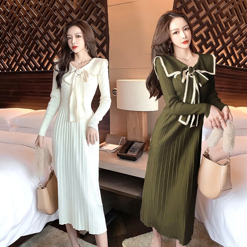 ニットワンピース ロングワンピース レディース秋冬 長袖ワンピース プリーツスカート 可愛い きれい