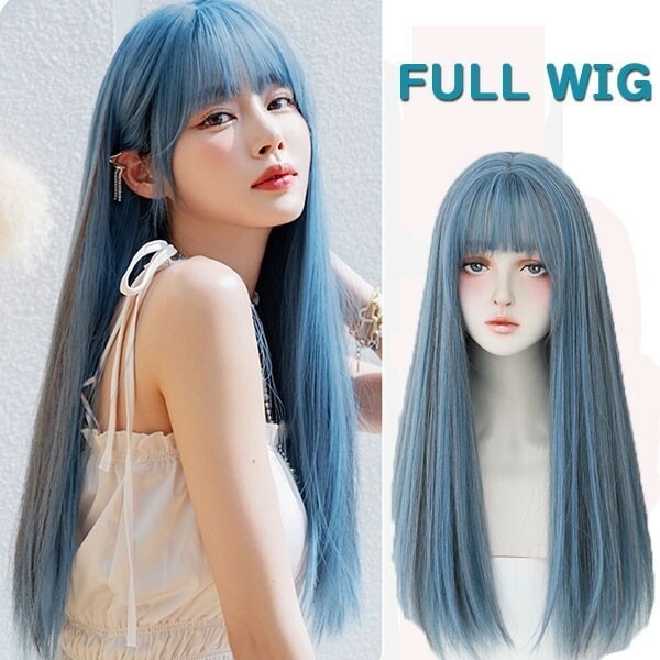 ウィッグ フルウィッグ ブルー ロング ストレート ロングウィッグ ぱっつん前髪 ロリータ 前髪あり グラデーショ ハロウィン 原宿風 韓国風 かつら コスプレ 可愛い かわいい コスチューム 仮装