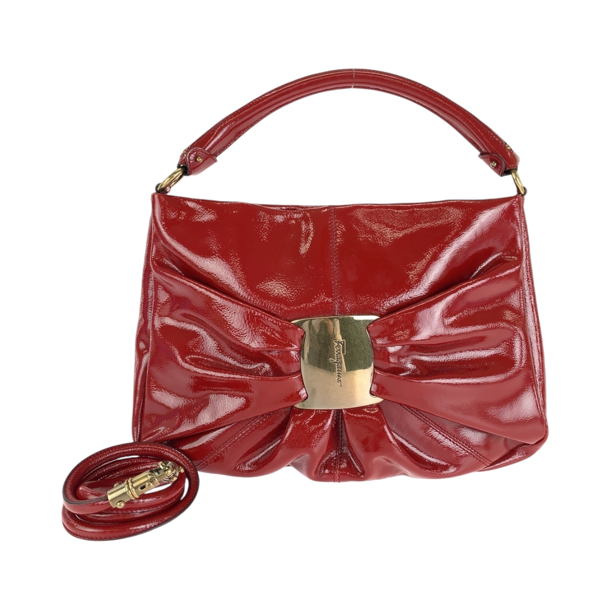 美品 ヴァラ レッド ゴールド金具 パテントレザー ホーボー ショルダーバッグ ハンドバッグ 2way レディース 503483