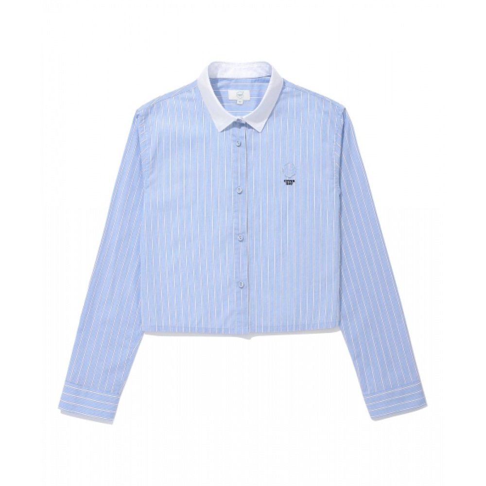 COVERNAT 女性用ポプリンストライプクロップシャツライトブルー