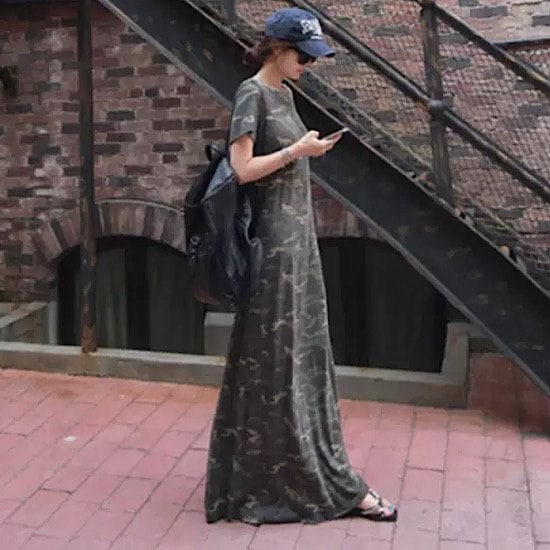 【取寄：納期2週間】ワンピース マキシ丈 迷彩柄 カモフラージュ 半袖 ラウンドネック レディース 無地