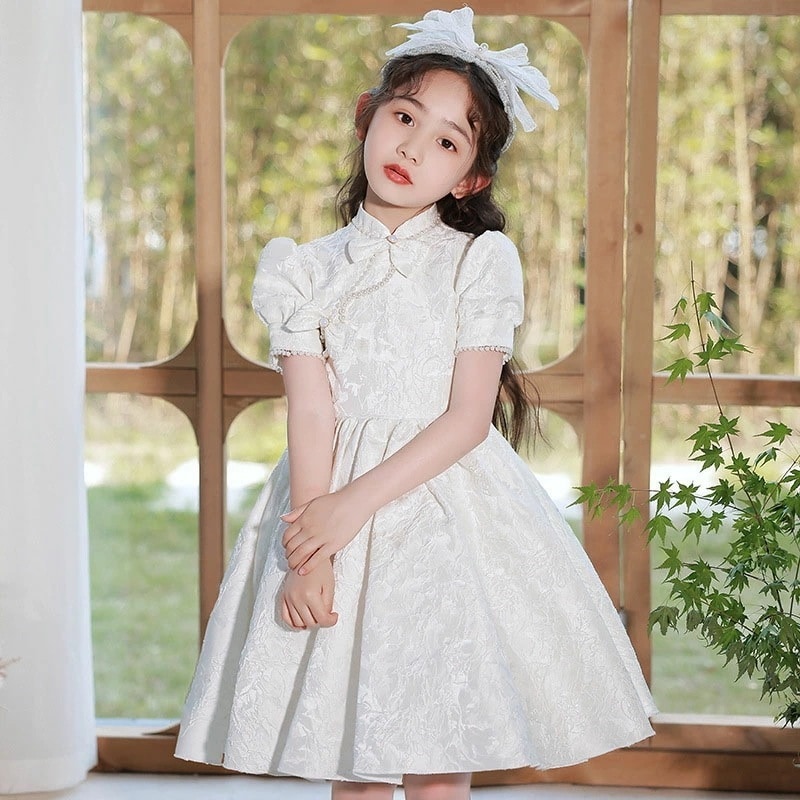 子供ドレス 白 ショート丈 チャイナ風ドレス 立ち襟 女児ドレス 七五三ドレス 結婚式 ホワイト パフスリーブ パール リボン 可愛い 女の子ドレス フォーマル キッズドレス 子どもドレス 110~1