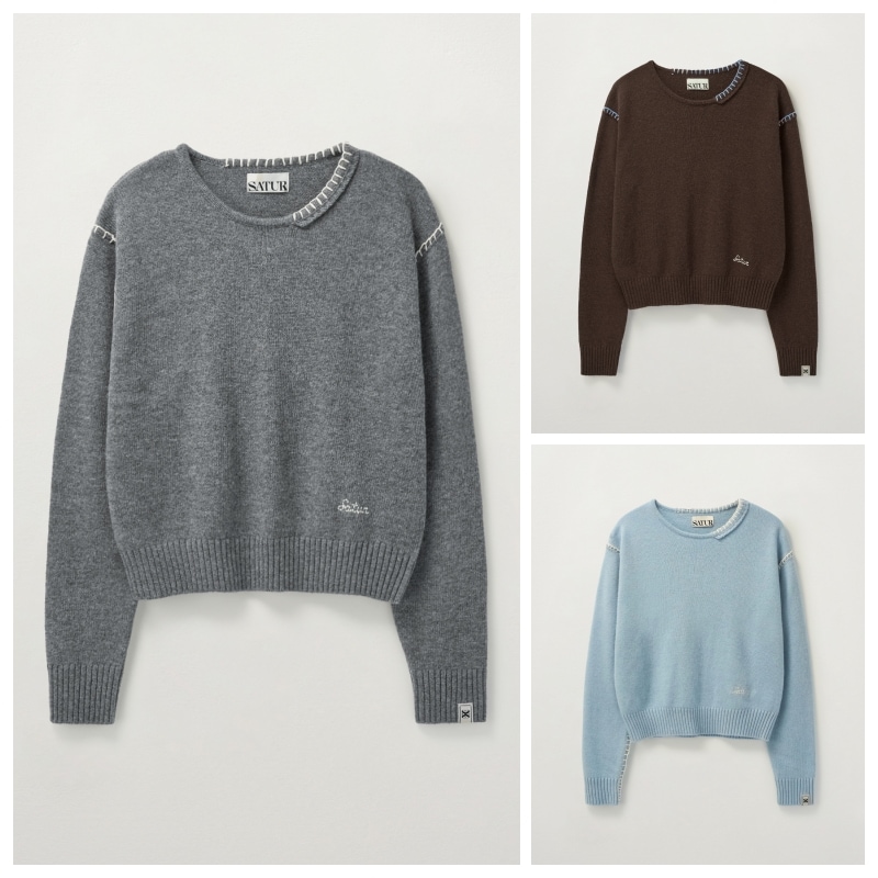 【SATUR】 (W) CONTRAST STITCH SEMI CROP KNIT : 3COLORS