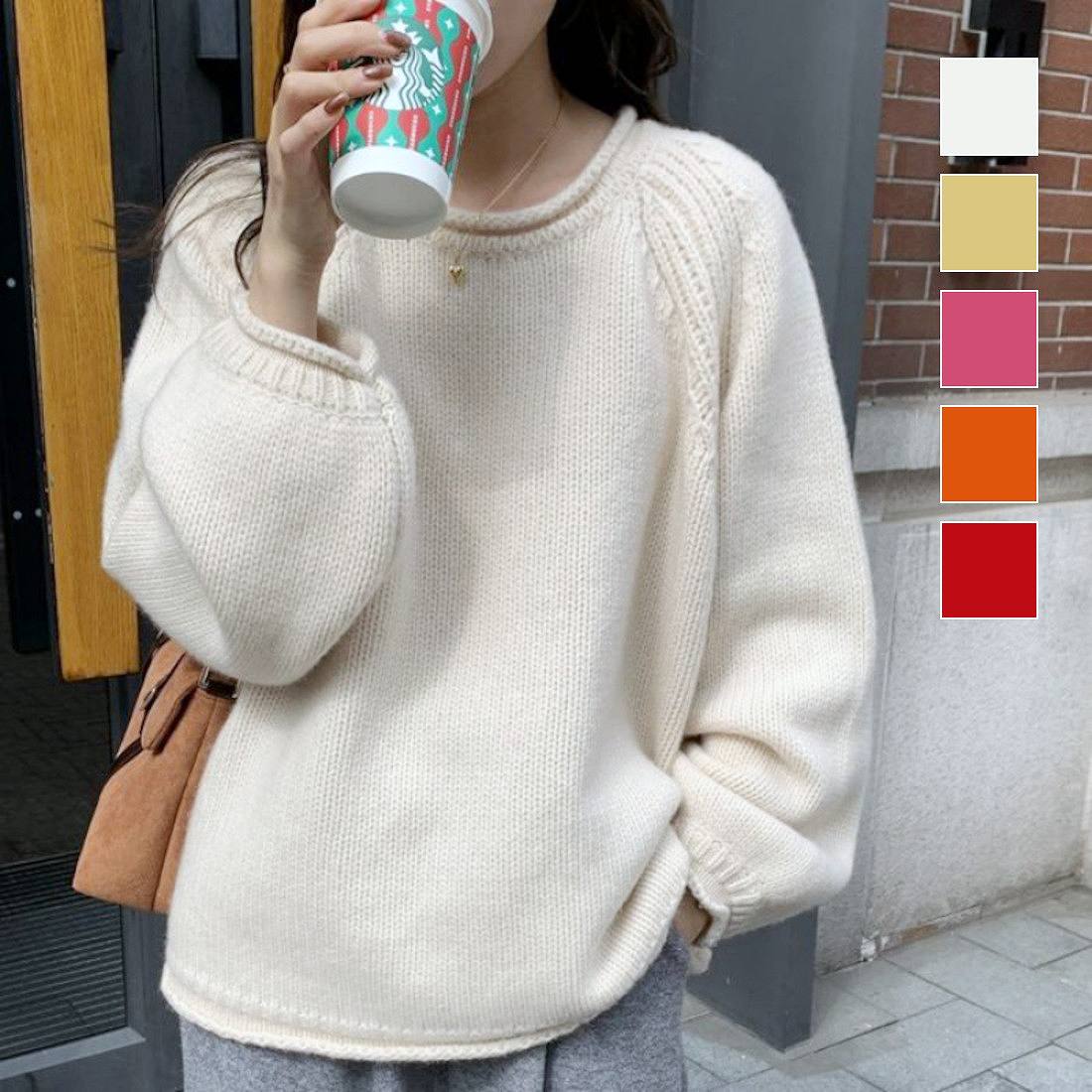 大人のリラックスムード漂うボリューム袖ラグランニット　ニットプルオーバー　長袖　クルーネック　シンプル　　大きめ　トレンド　韓国　カジュアル　可愛い