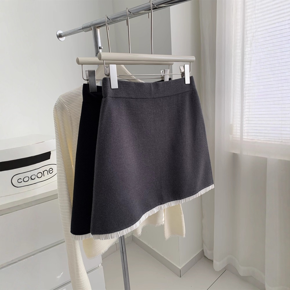 秋冬プチ韓国風エレガントニットAラインミディスカートレディースジェントルレトロレース厚手ボディコンミニスカート