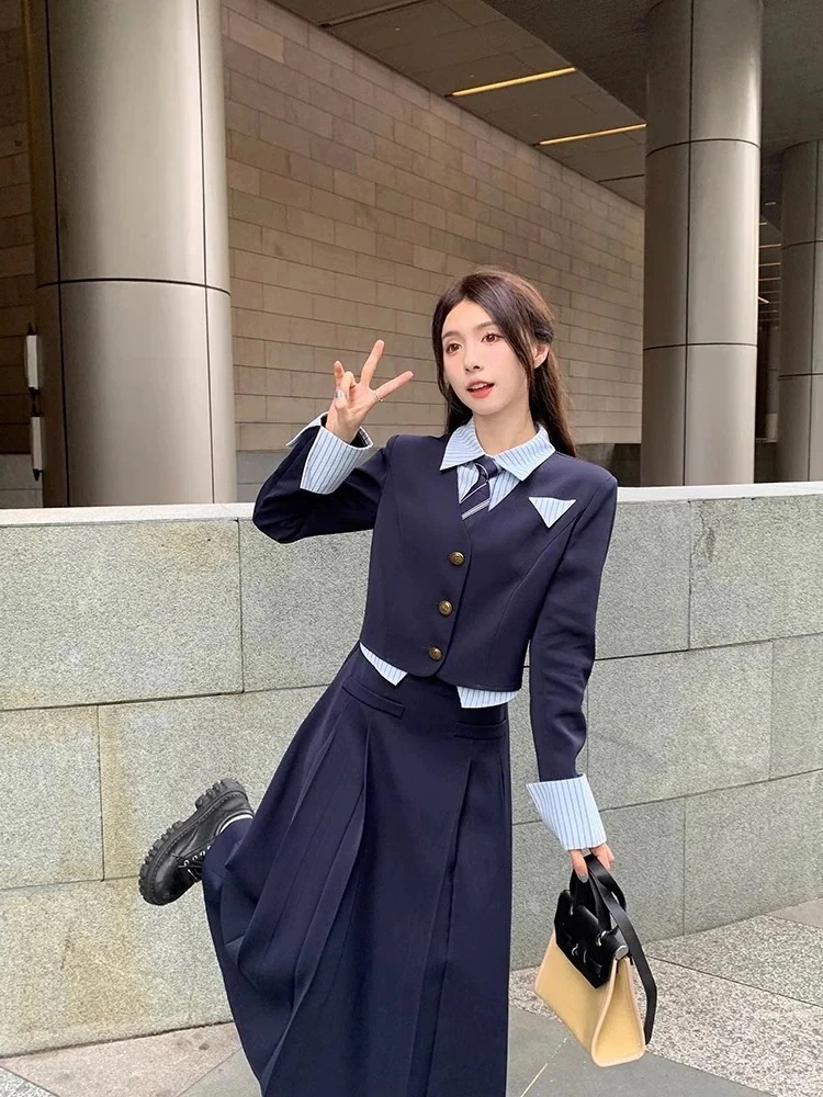 オールインワンセットアップセットアップ高校生 セットアップセーラー服 学園祭 セット 学生服 ジャケット スクールスーツ 女子高生 文化祭 制服 两点セット ノーカラー 入学式 スクール スーツ