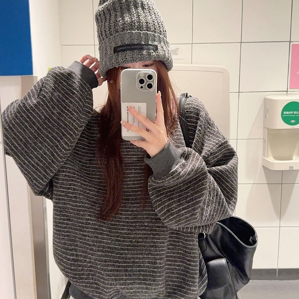 レディース用レトロブラックストライプクルーネックスウェットシャツゆったりとしたリラックススタイル初秋のトップスクールでエッジの効いたジャケット