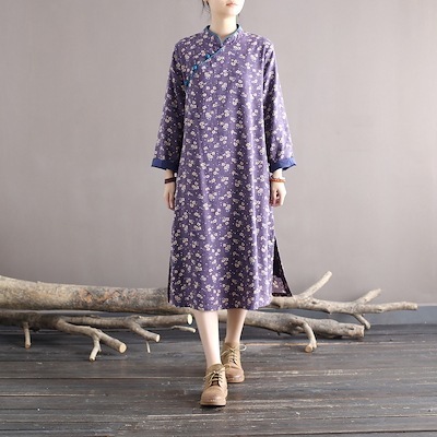 オリジナル国風レトロ春女花柄ワンピーススタンドカラーゆったり改良チャイナドレスロングスカート
