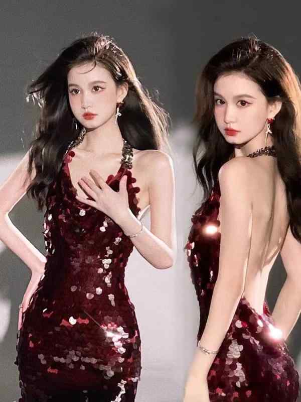 ドレス　パーティー　レディース ジュ ジン イーの 同じ 重い スパンコールの 年次 総会 露出 バック パック ヒップ 薄手な 魅惑的 ワイン レッドの 小さい ドレス