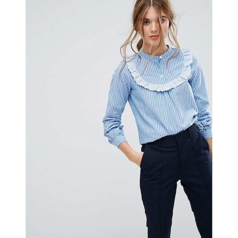 レオンアンドハーパー レディース トップス ブラウス・シャツ【Leon and Harper Striped Shirt with Ruffle Bib】Bleu レオンアンドハーパー レディース トップス ブラウス・シャツ【Leon and Harper Striped Shirt with Ruffle Bib】Bleu