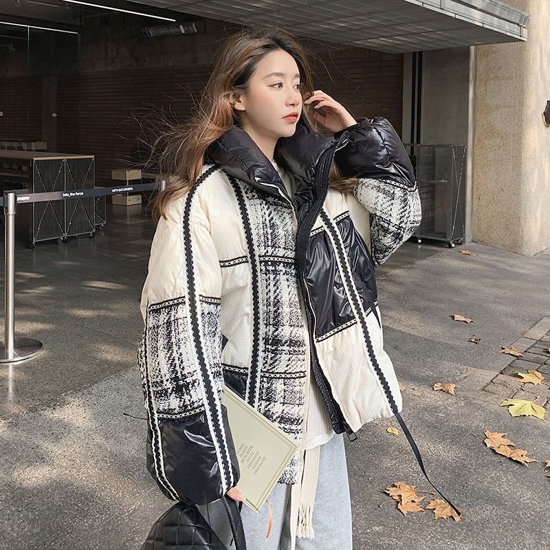 新しいダウンジャケット女性冬格子縞のレジャーホワイトダックダウンルーズジャケット