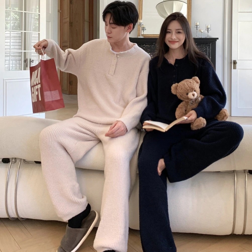 1092 のカップルパジャマセットスターホーム服レディースベルベット厚みのある暖かいツーピースセット