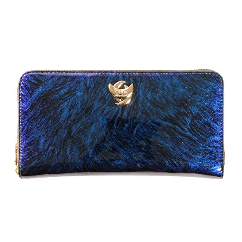 色：ブルー [クレリア] Clelia 長財布 レディース エナメル 馬毛風 大容量 角度によって色