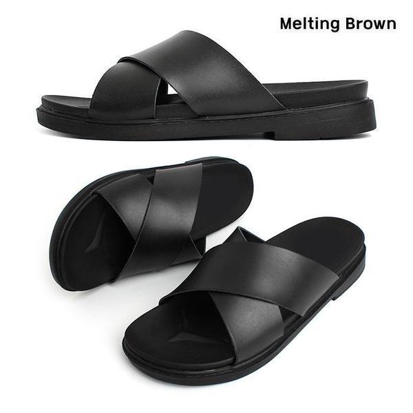 男性用デイリー牛革ストラップクッションスリッパ