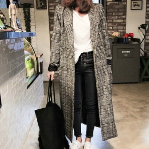 チェック柄 ロングコート長袖 オーバーコート 冬 アウター レディース モノトーン A2069