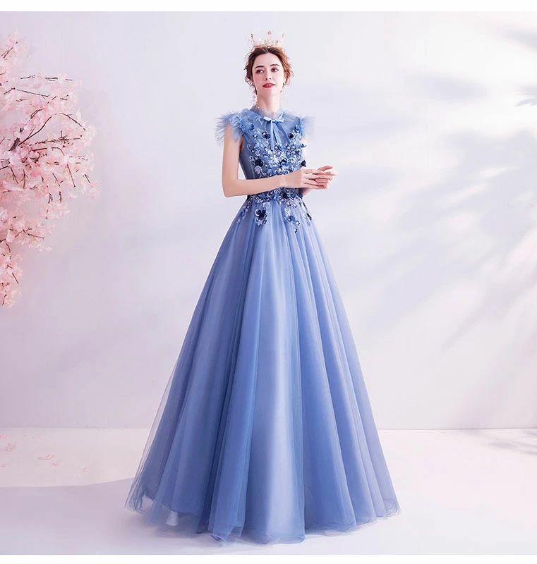 明日まで値下げカラードレス ブルー 花嫁 結婚式 二次会 ロングドレス パーティードレス レディース ワンピース スタンドカラー お呼ばれ お嬢様 ウェディングドレス 水色 成人式 社交 ピアノ司会
