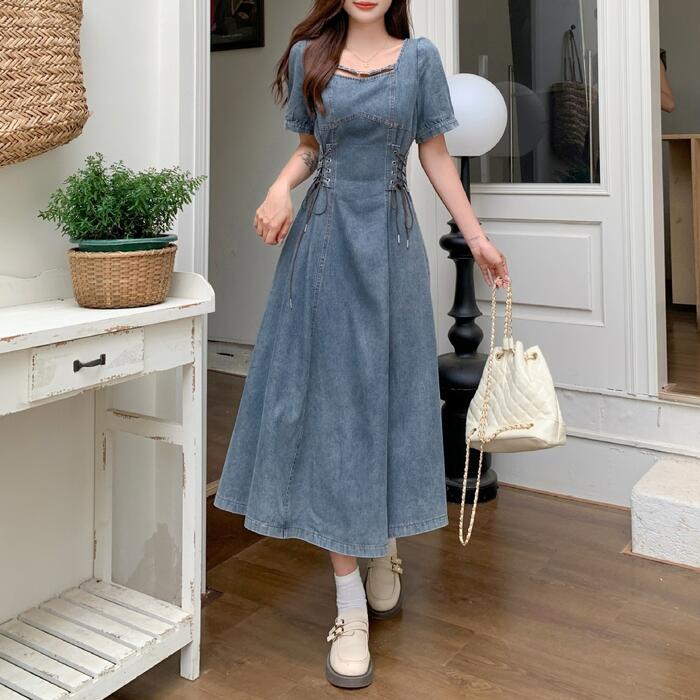 デニム ワンピース ドレス 袖あり スクエアネック レディース エレガント きれいめ カジュアル ミモレ丈 レースアップ 編み上げ 大人 可愛い 半袖 ハイウエスト シンプル Aライン リボン フェミ