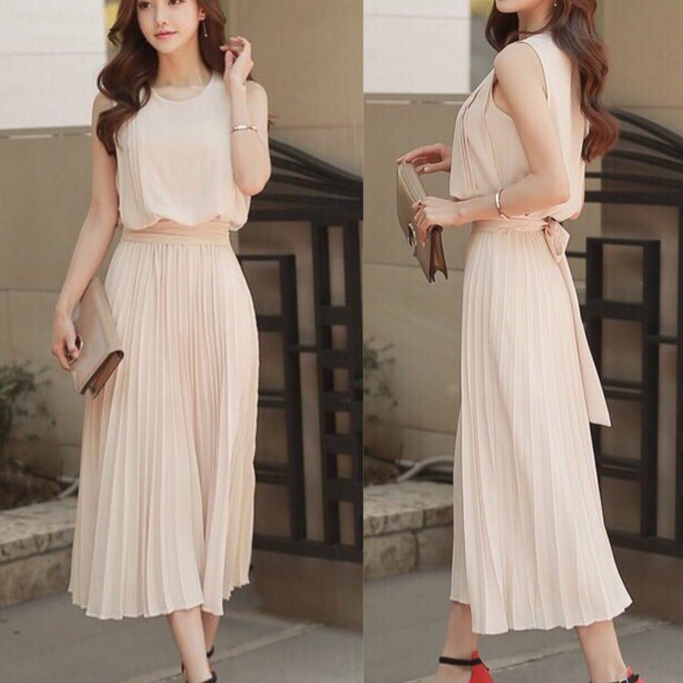 ノースリーブ プリーツ マキシドレス ベージュ パーティドレス ワンカラー 無地 シンプル 上品 フェミニン レディース 2018年新作 定番 人気 およばれ 結婚式 二次会 演奏会 観劇 謝恩会