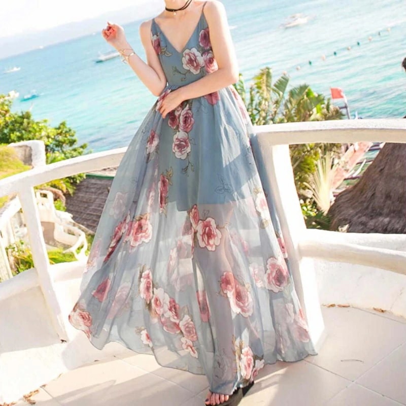 ワンピース 個性的 韓国 プチプラ ロング リゾート 花柄 マキシ丈 総柄 キャミワンピ 夏 大人 オープンバック セクシー エレガント 20代 30代 40代 青ブルー