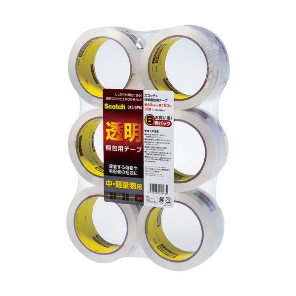 (まとめ)3M スコッチ 透明梱包用テープ 中・軽量物用 48mm×50m 313-6PN 1パック(6巻) (×5セット)