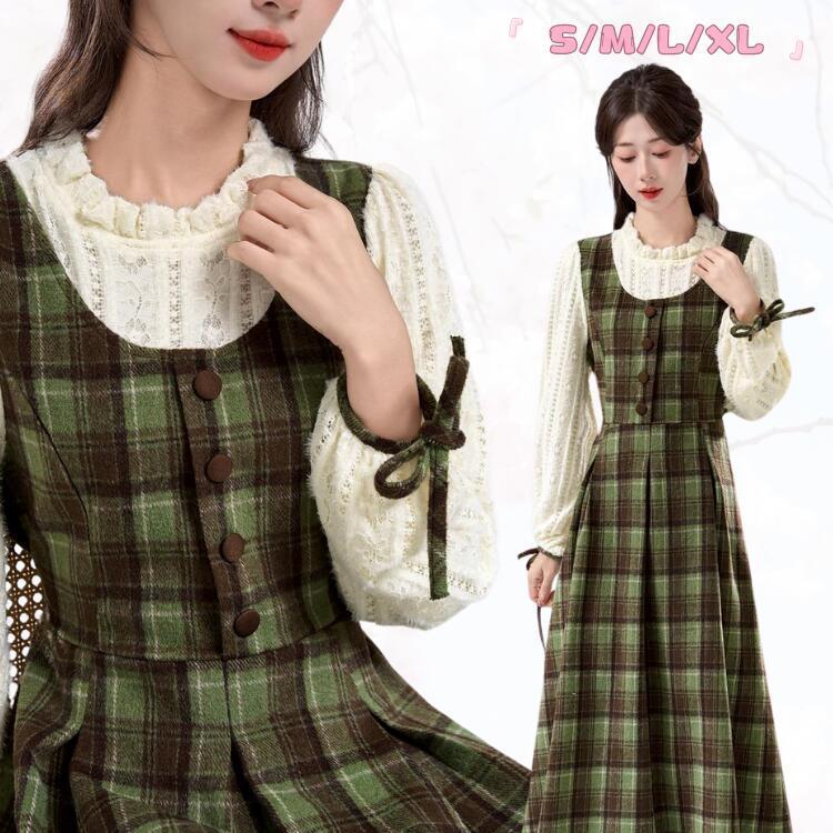 今月の新商品 ワンピース 偽2件 チェック柄 リボーン ファッション レディース ホワイト 白 グリーン 緑 ロング丈 かわいい おしゃれ シンプル きれいめ ふんわり 秋 冬 春 華ワンピース 偽2
