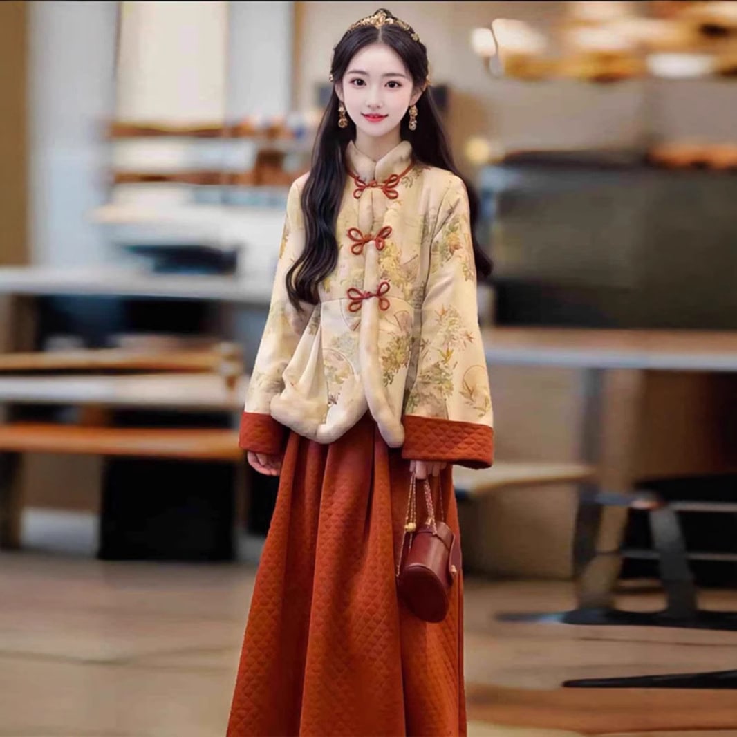新しい中国スタイルのスーツ秋と冬のハイエンドの感覚クールな赤い花柄のボタンジャケットハーフレングススカート2ピースセット