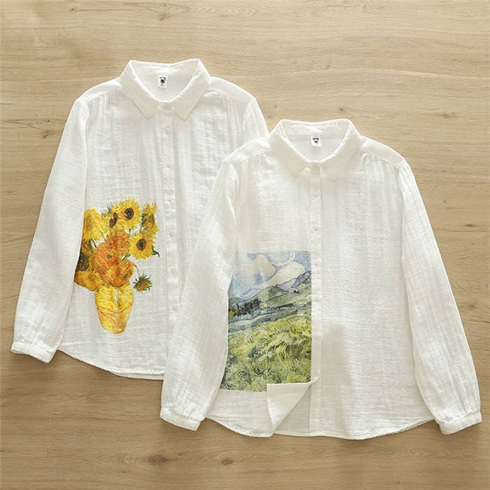 プリント ガーゼ シャツ ガーゼ 向日葵 山水 春 花柄 シャツブラウス レディース ブラウス 長袖 ガーゼシャツ トップス ガーゼコットン カジュアル ナチュラル 2重ガーゼ