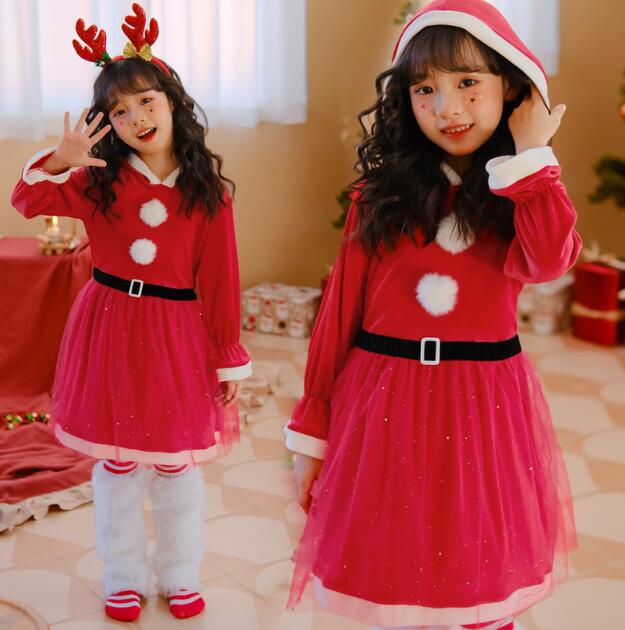 子供サンタコスプレ衣装 サンタコス可愛ドレス ワンピース 帽子付きワンピース ベルト付き cosplay サンタクロースドレス サンタ サンタコスプレ衣装 サンタクロス コスチューム 衣装