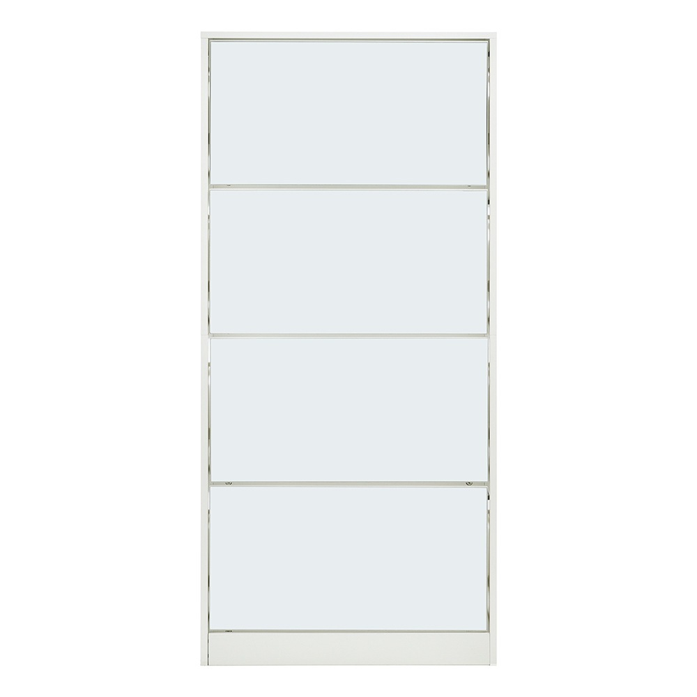 【新品】　ホワイト 薄型 4段 シューズラック スリム シューズボックス 靴箱 下駄箱 ミラー 全身鏡 姿見 スリム くつ箱 靴入れ 収納ラック エントランス 靴収納 靴収納棚 おしゃれ 木製