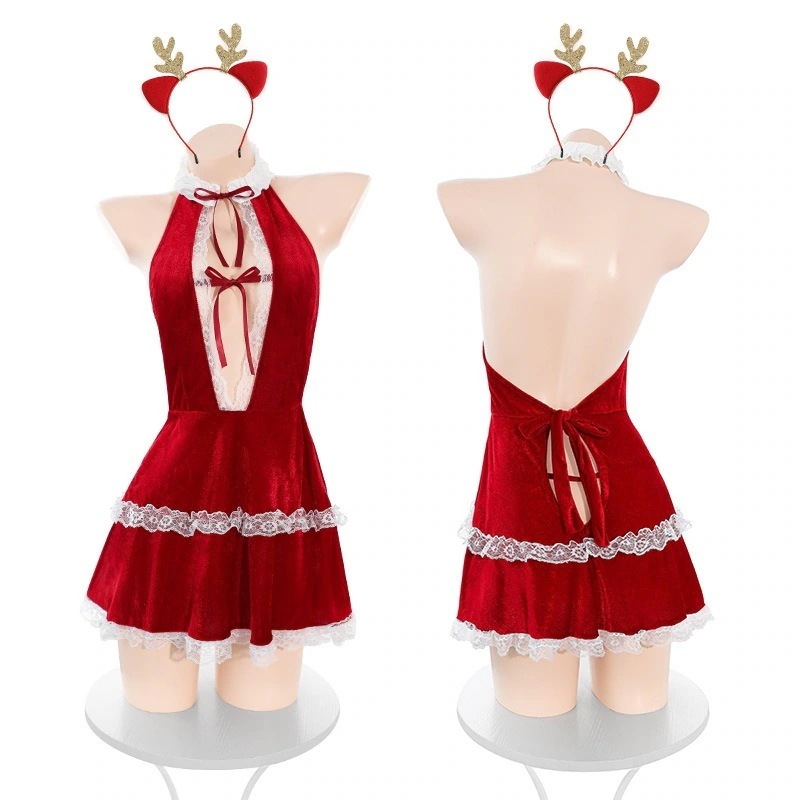 サンタ 衣装 コスプレ ワンピース セクシー 可愛い 胸開き 背中開き 仮装 レディース クリスマス コスチューム 誘惑 5点セット