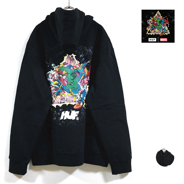 HUF ハフ AVENGERS アベンジャーズ コラボ COSMIC ASSEMBLAGE HOODIE パーカー 長袖 裏起毛 メンズ 送料無料