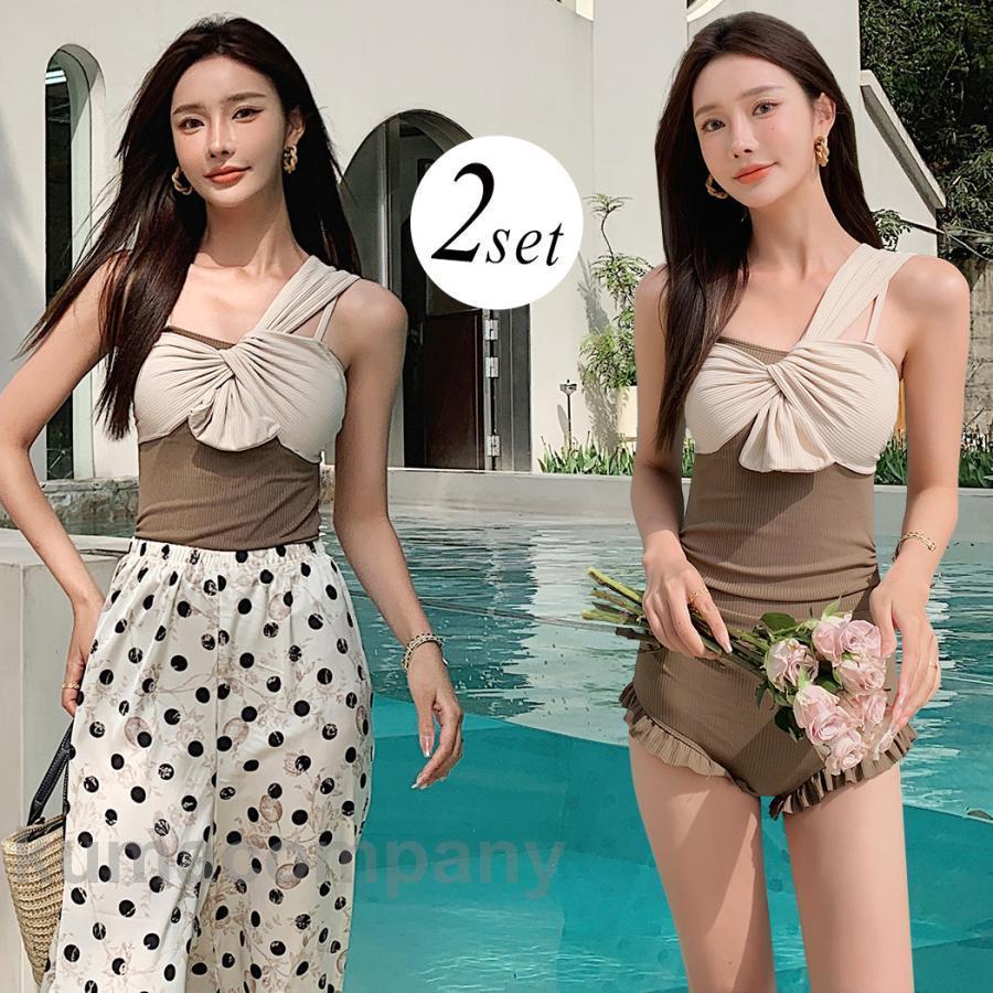 夏 水着 レディース ワンピース ロングパンツ 2点セット 体型カバー おしゃれ かわいい ワンショルダー ドット柄 ボタニカル柄