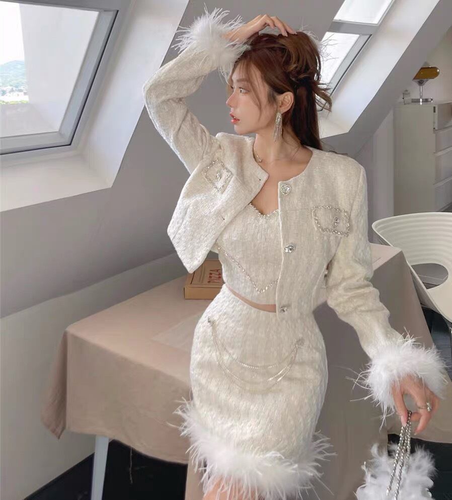 感　上品　3点セット　ツイードジャケット+キャミ+スカート　パーティードレス　おしゃれ　秋コーデ