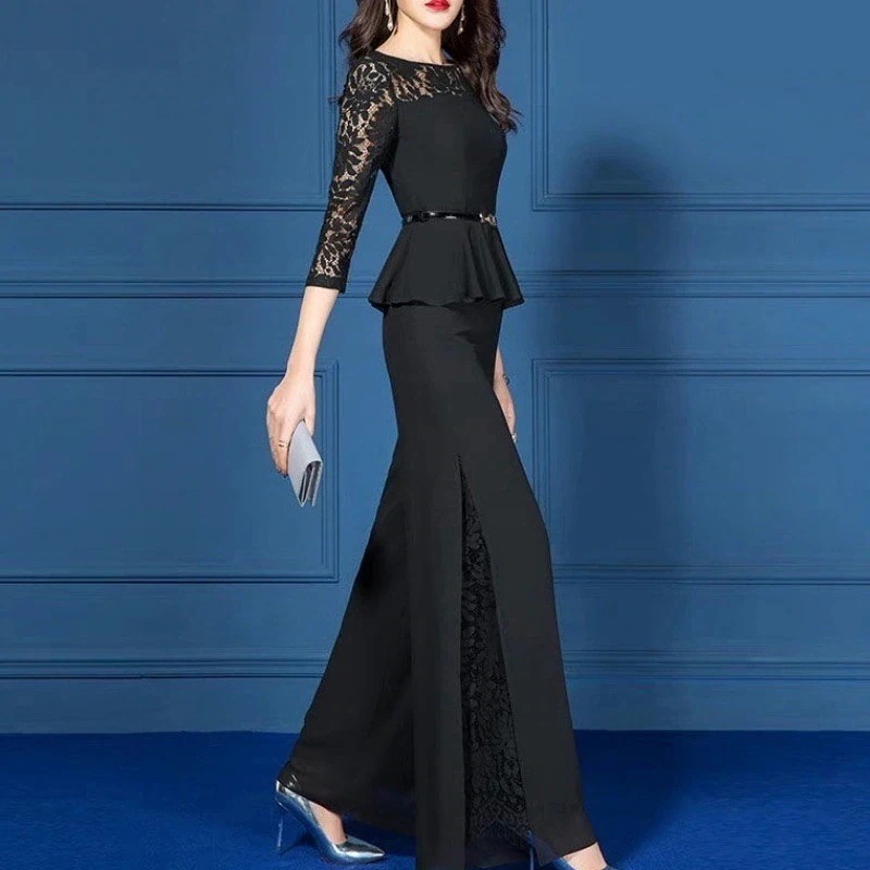 パンツドレス 2点セット 2ピース 長袖 上下セット レース ぺプラム ブラ ワイドパンツ スリット