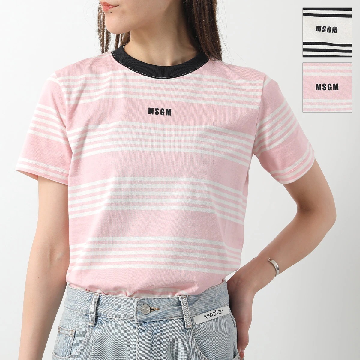 MSGM エムエスジーエム Tシャツ MDM138 257128 レディース カットソー 半袖 ストライプ ボーダー クルーネック コットン ロゴ刺繍 カラー2色 【mega】