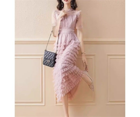 レディース ドレス パーティードレス ウェディング パーティー 結婚式 二次会 披露宴 ミモレ ロング 半袖 ラウンドネック Aライン ケーキスカート レース シフォン フリル ウエストマーク