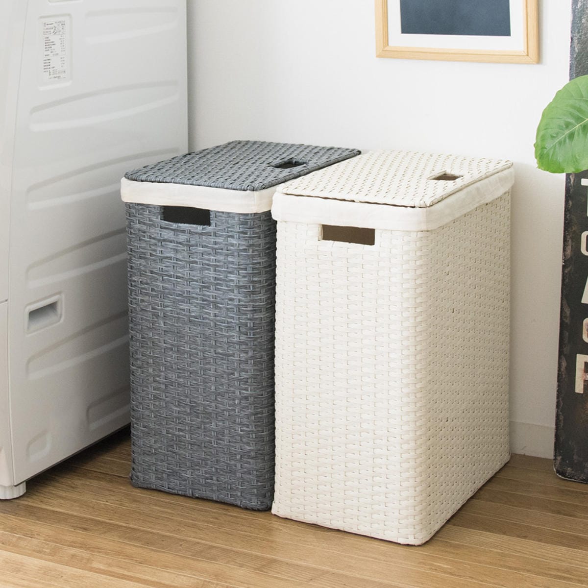 ランドリーボックス Diario ランドリー 収納 ランドリー収納 ボックス バスケット 大容量 ふた付 スリム ラタン ランドリーバスケット 衣類収納 衣類 洗濯かご 洗濯カゴ 洗濯 取っ手